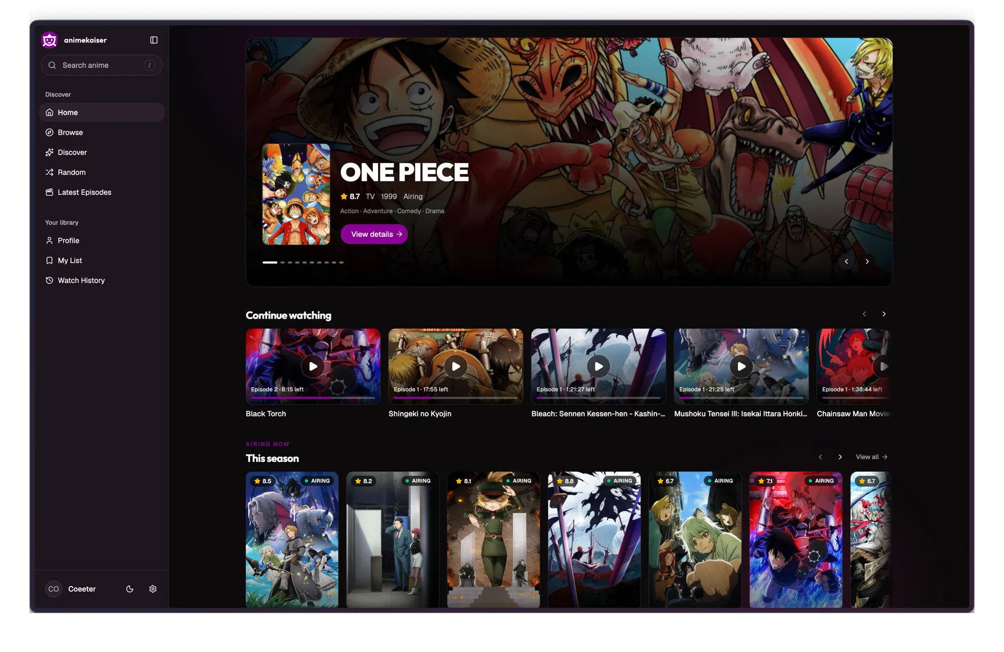 AnimeKaiser home page showing trending and seasonal anime