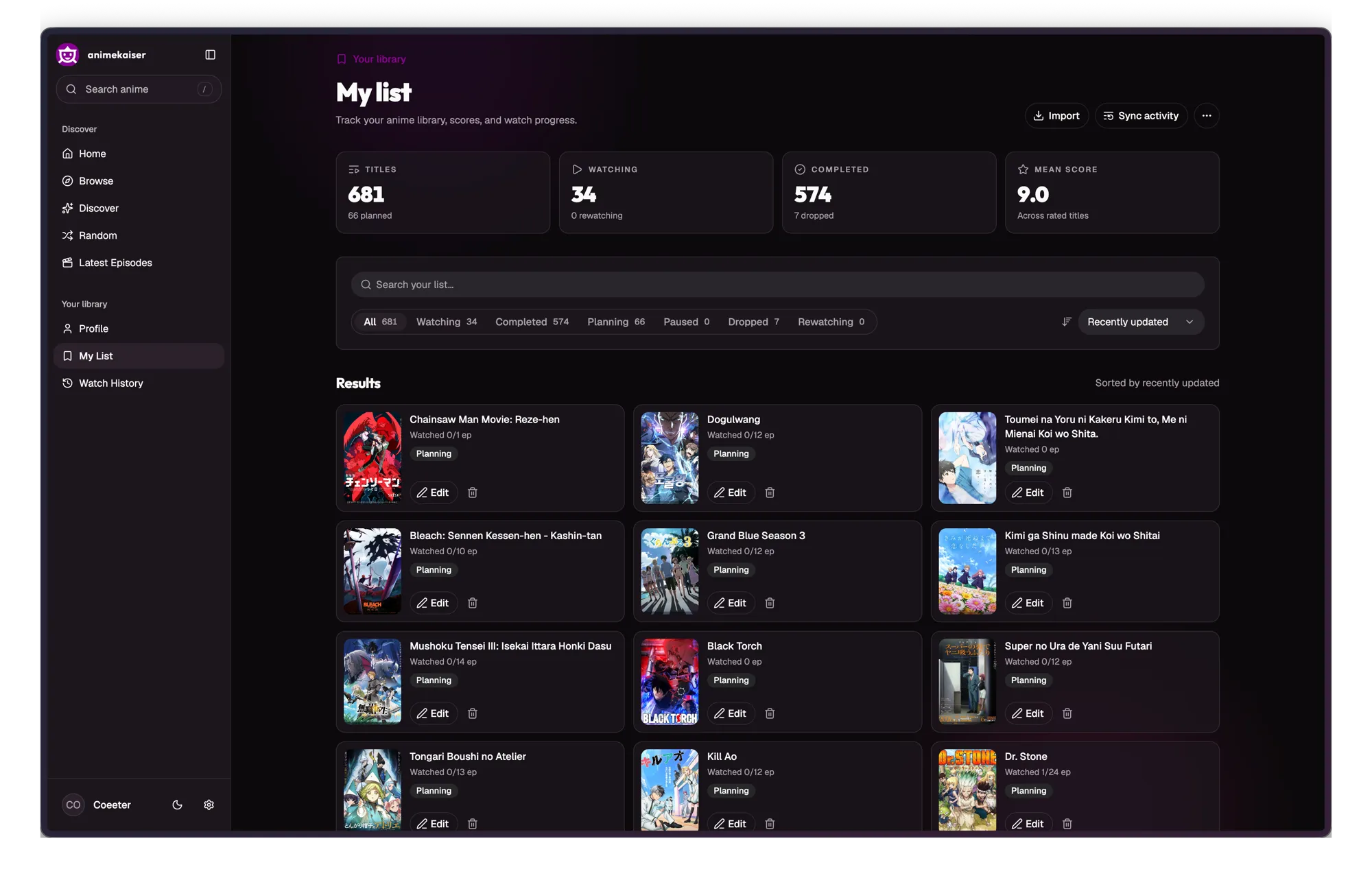 AnimeKaiser library page with status filters and anime cards